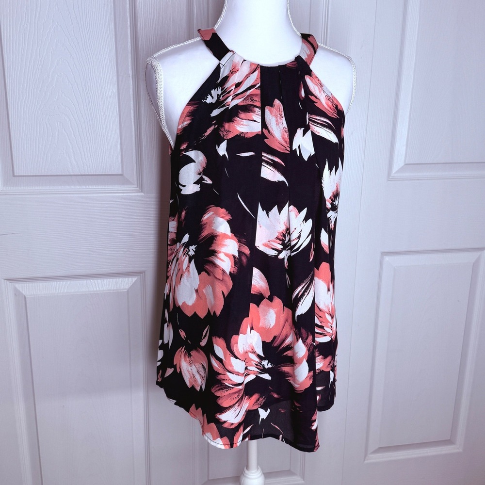 The Limited Halter Blouse Womens Tall S Navy Coral Floral Pleated High‎ Neck Top